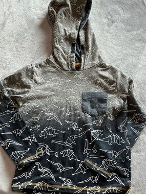 Long Sleeve Kids Hoodie with Origami Dino Print - Gray/Black